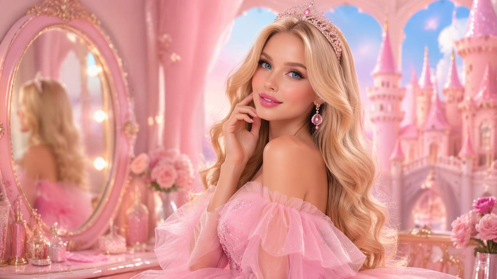 Dreamina barbie filter prompt card 5: Princesa boneca reforma cena
