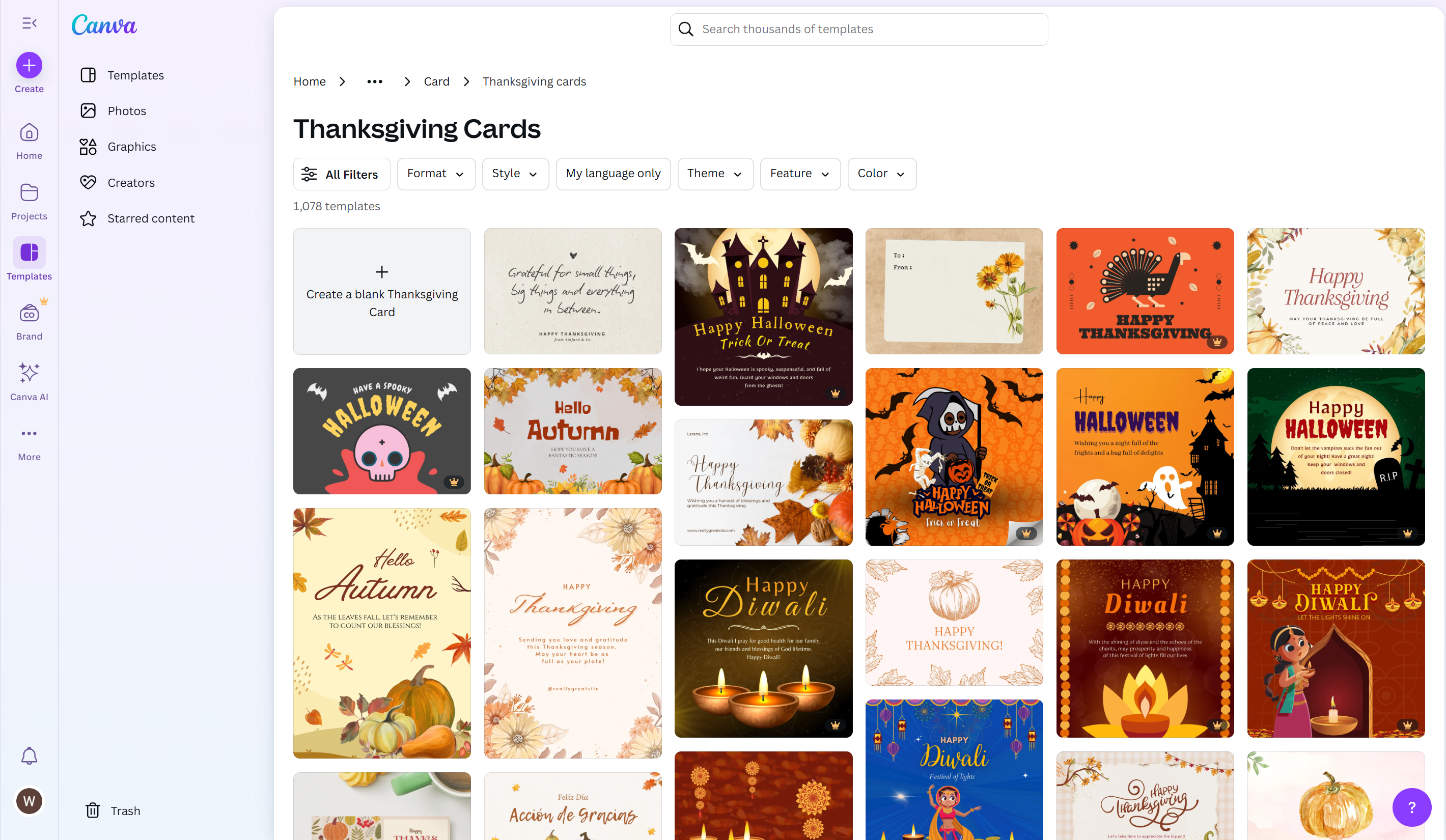 Interface of Canva to customize free Thanksgiving card templates