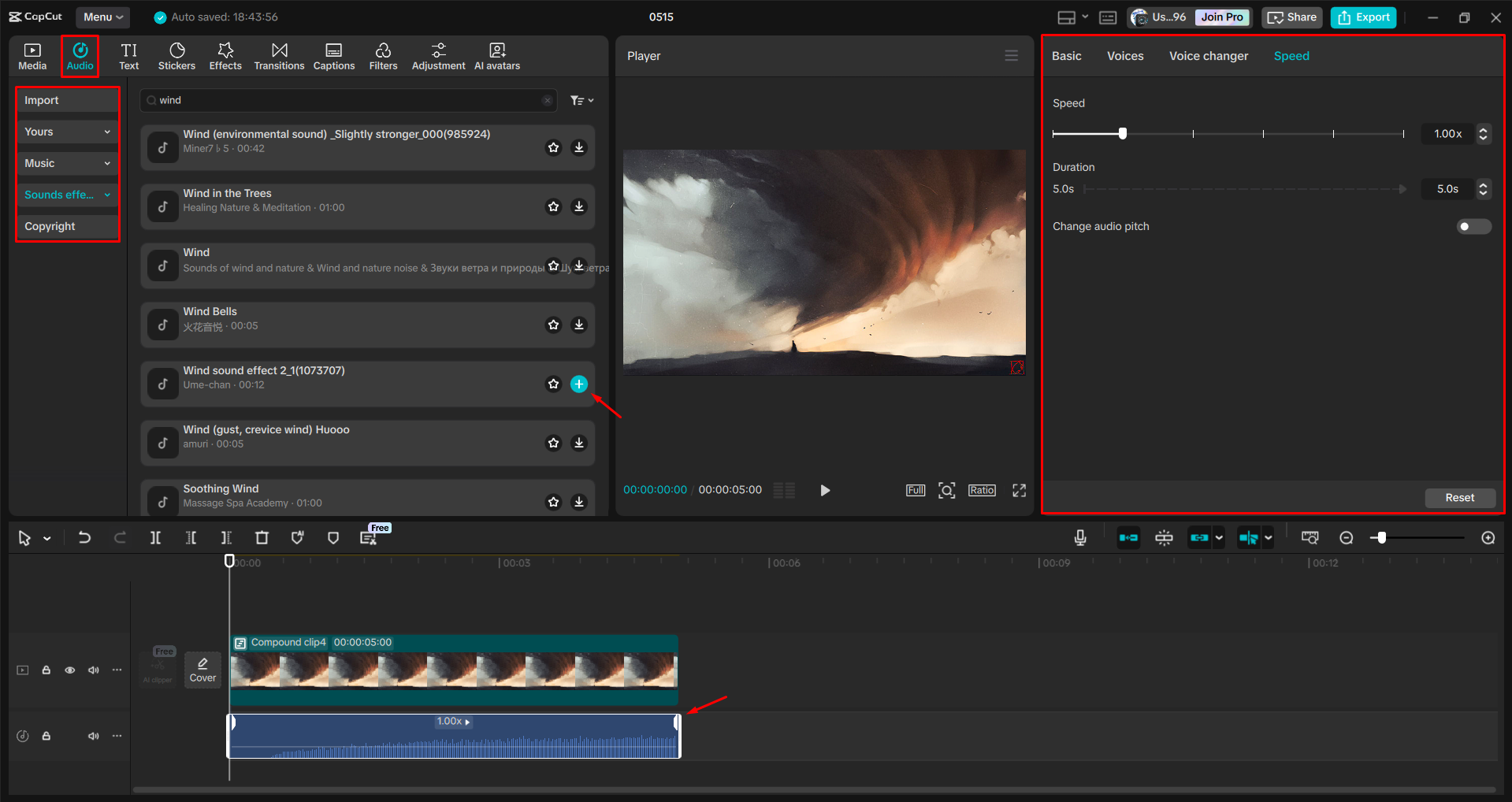 Adding a wind sound effect to a video in the CapCut desktop video editor