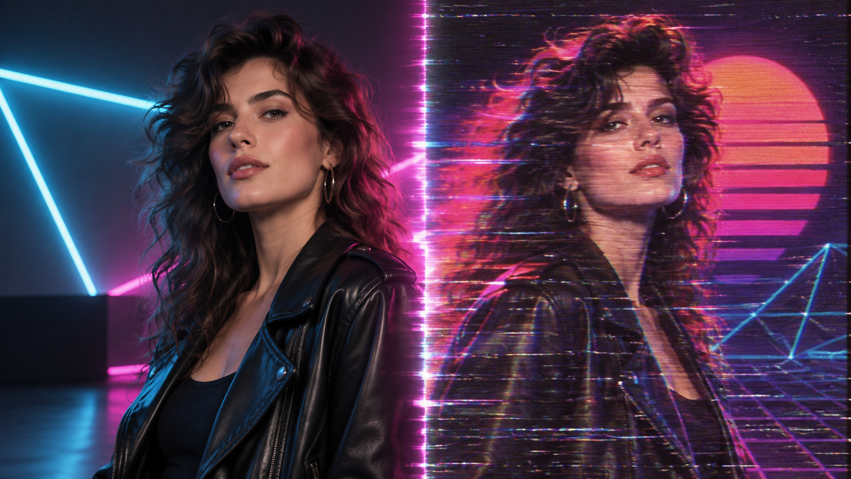 A portrait transitioning into a neon 1980s VHS-style frame