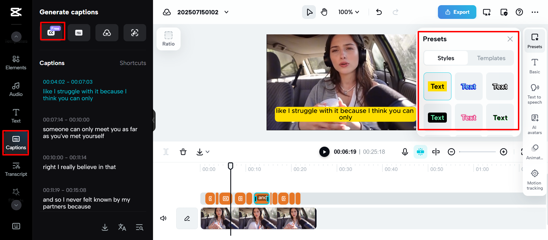 Generating text from speech in a video on CapCut Web