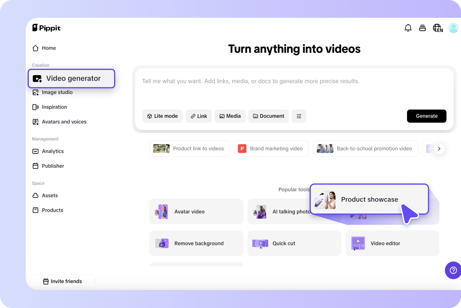 Opening product showcase in Pippit