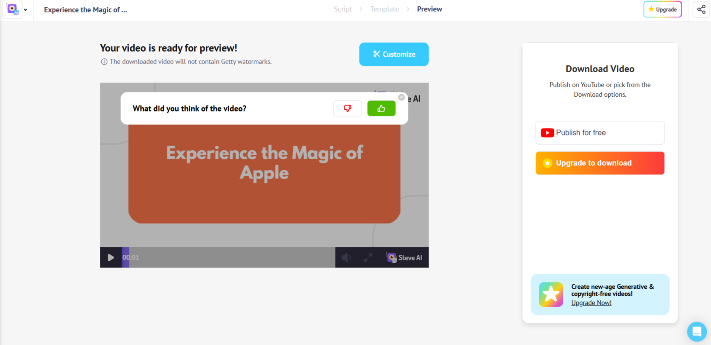 Benutzeroberfläche von Steve AI – das beste Tool für die Produktion von AI-Videos