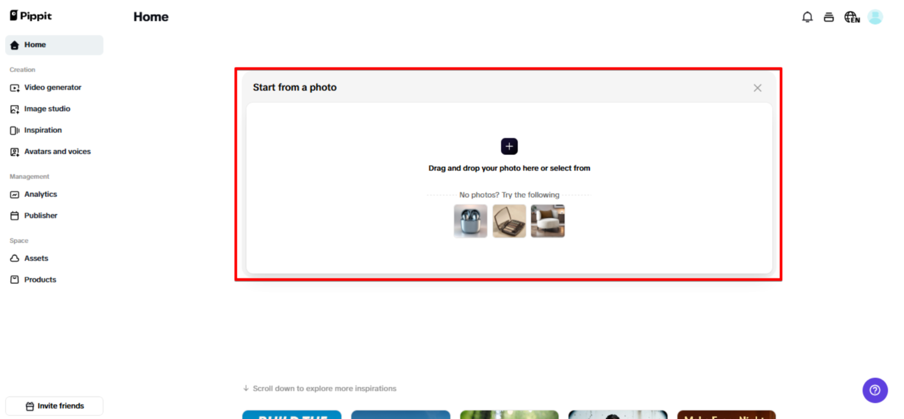 Enviando imagem para o Pippit