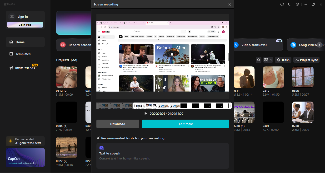 Interface of CapCut desktop video editor - The best screen recorder for Windows