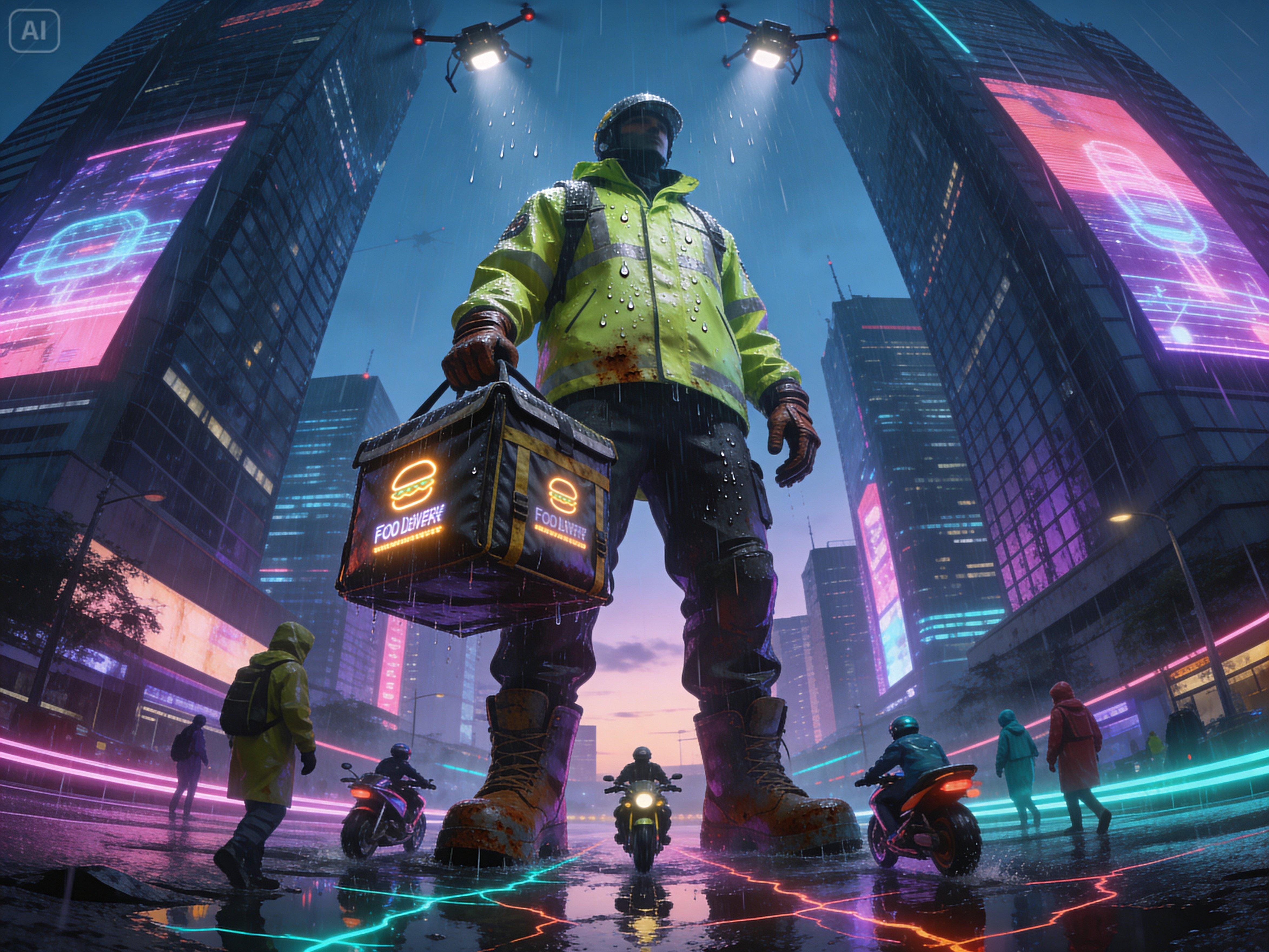 Prompt for a giant delivery rider in a downtown street