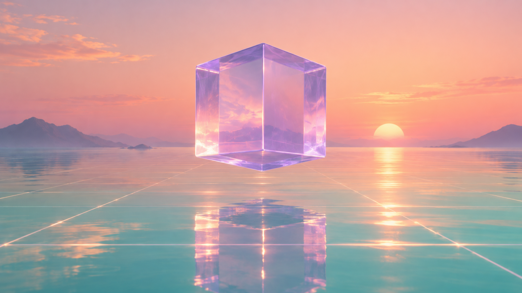 Original Vaporwave Floating Cube motif above a reflective teal plane