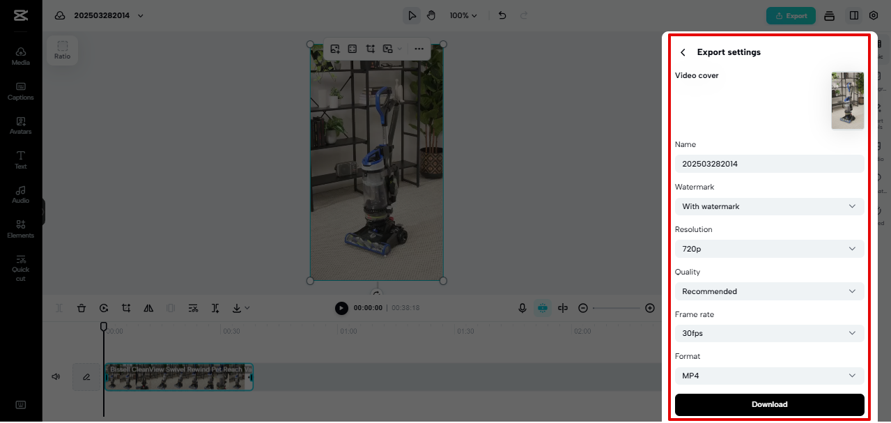 exportando vídeo do Pippit
