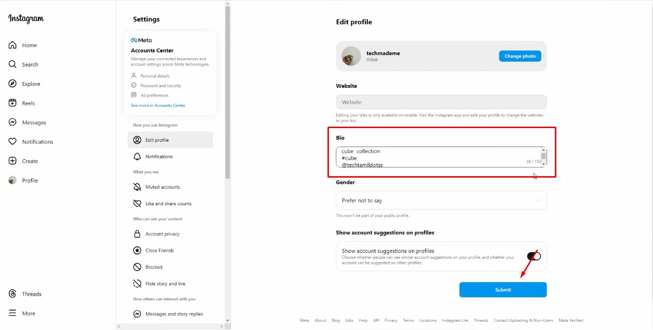 Lisää ja tallenna muutos Instagramissa