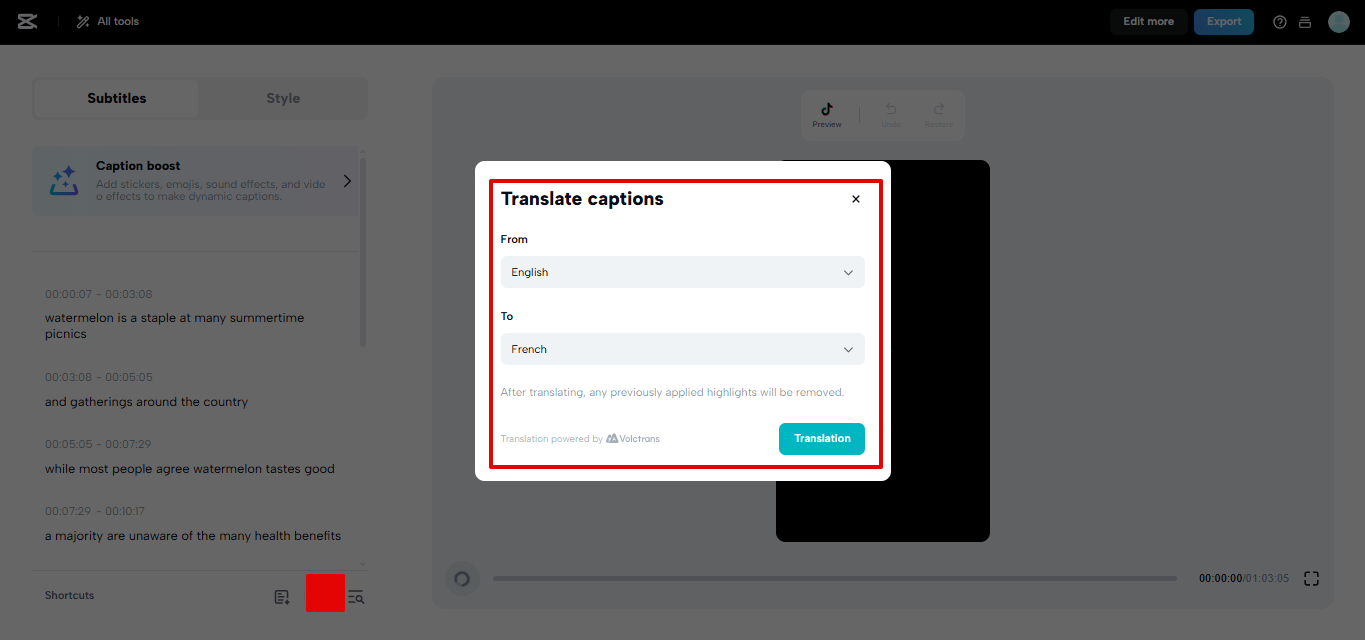 Translating subtitles in CapCut Web