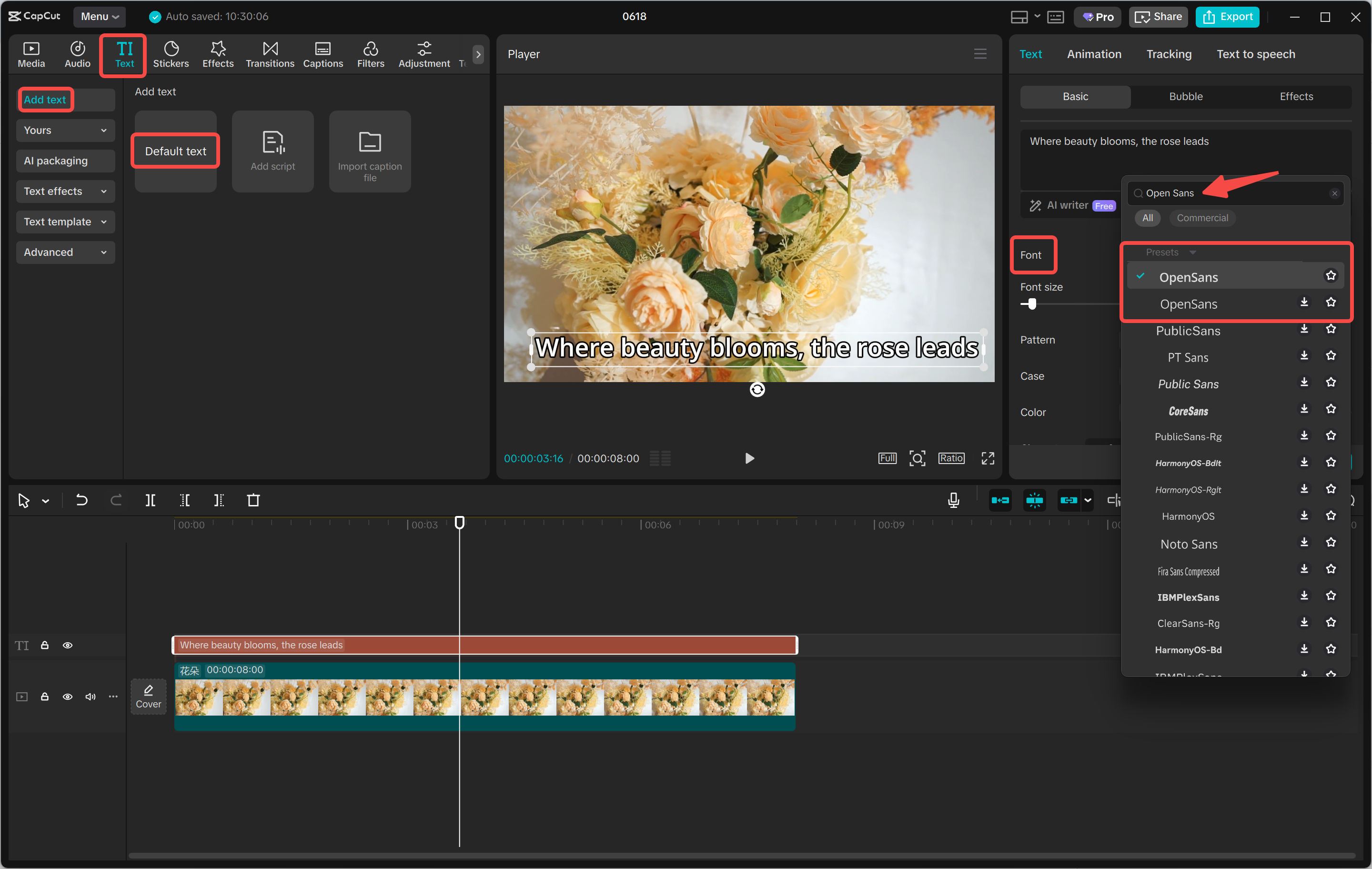 Adding the Open Sans fonts to the video in the CapCut desktop video editor
