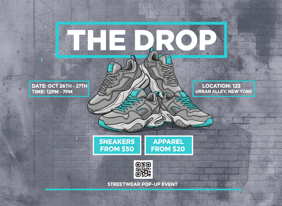 Modelo de flyer de pop-up streetwear com tênis genéricos, textura urbana sutil, título grande, blocos de data/horário/local, espaço para QR code, destaques em ciano.
