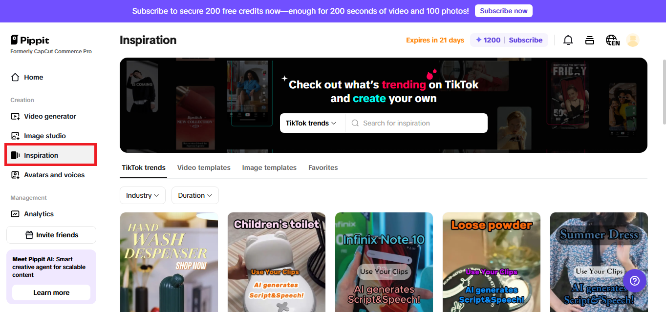 Pippit's Inspiration page for TikTok trends