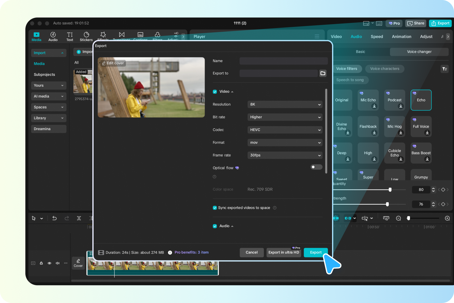  Exporting the final video with AI voice filters in CapCut.