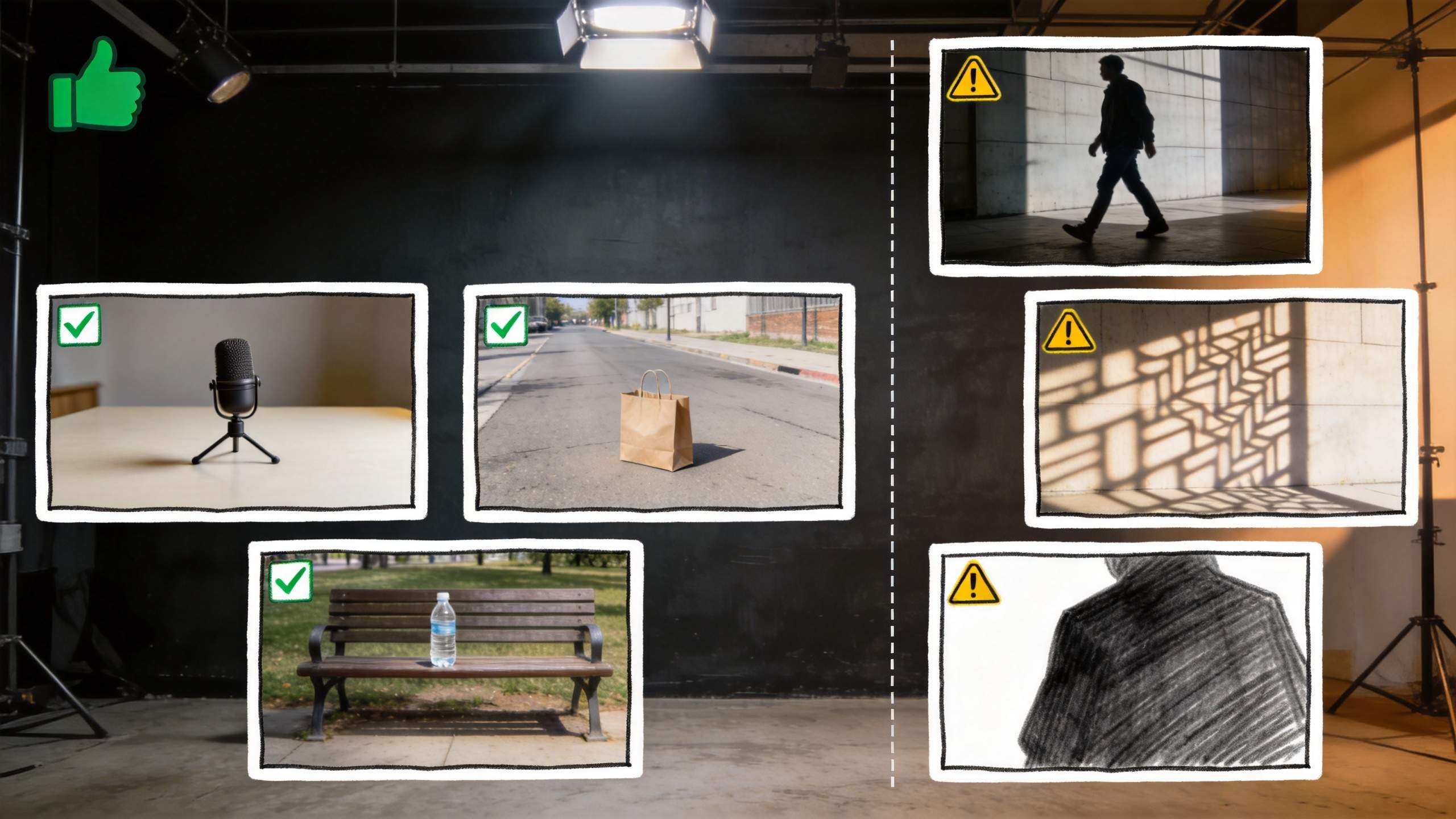 Examples of clean shots with check marks and unwanted objects marked with warning icons