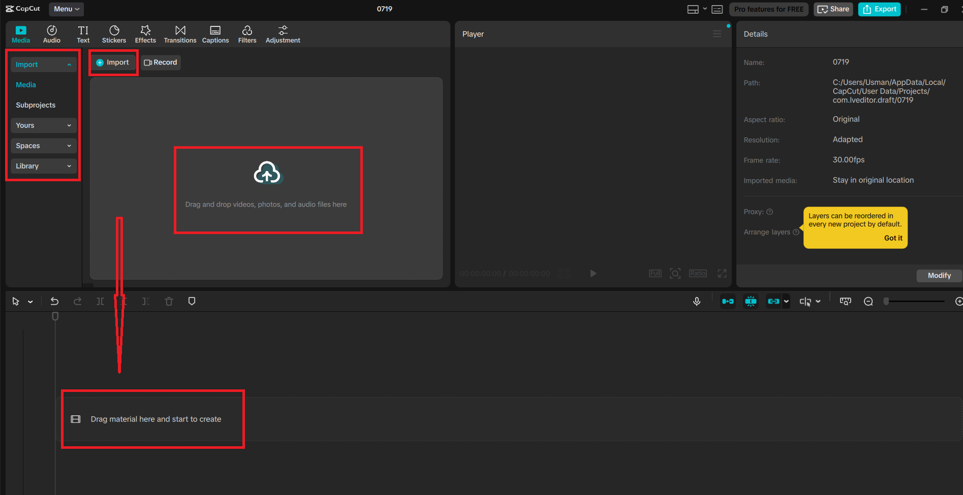 CapCut desktop video editor with import button and drag-and-drop area highlighted