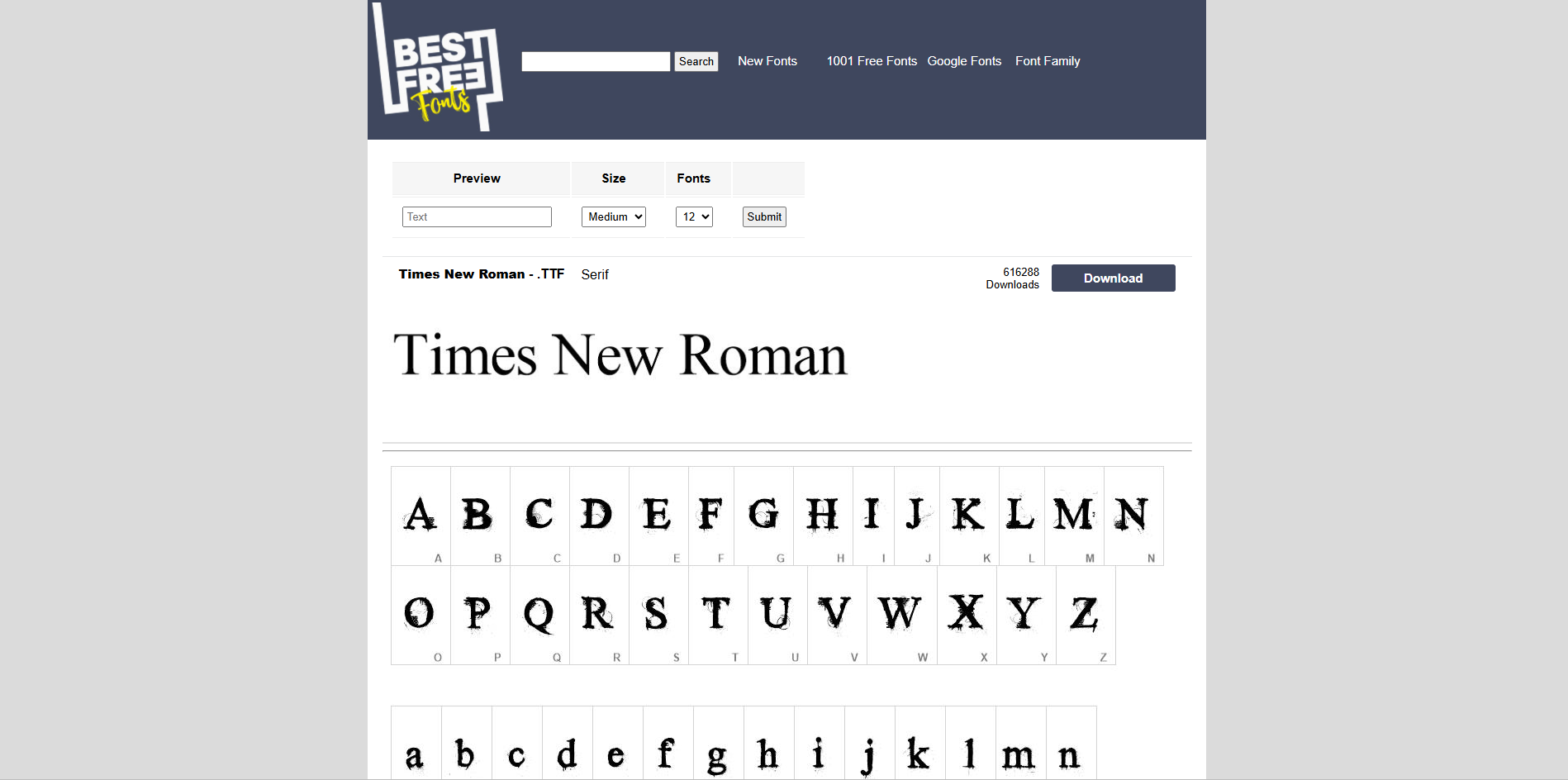 Interface of Free Best Fonts - a good source for versatile and free Times New Roman font