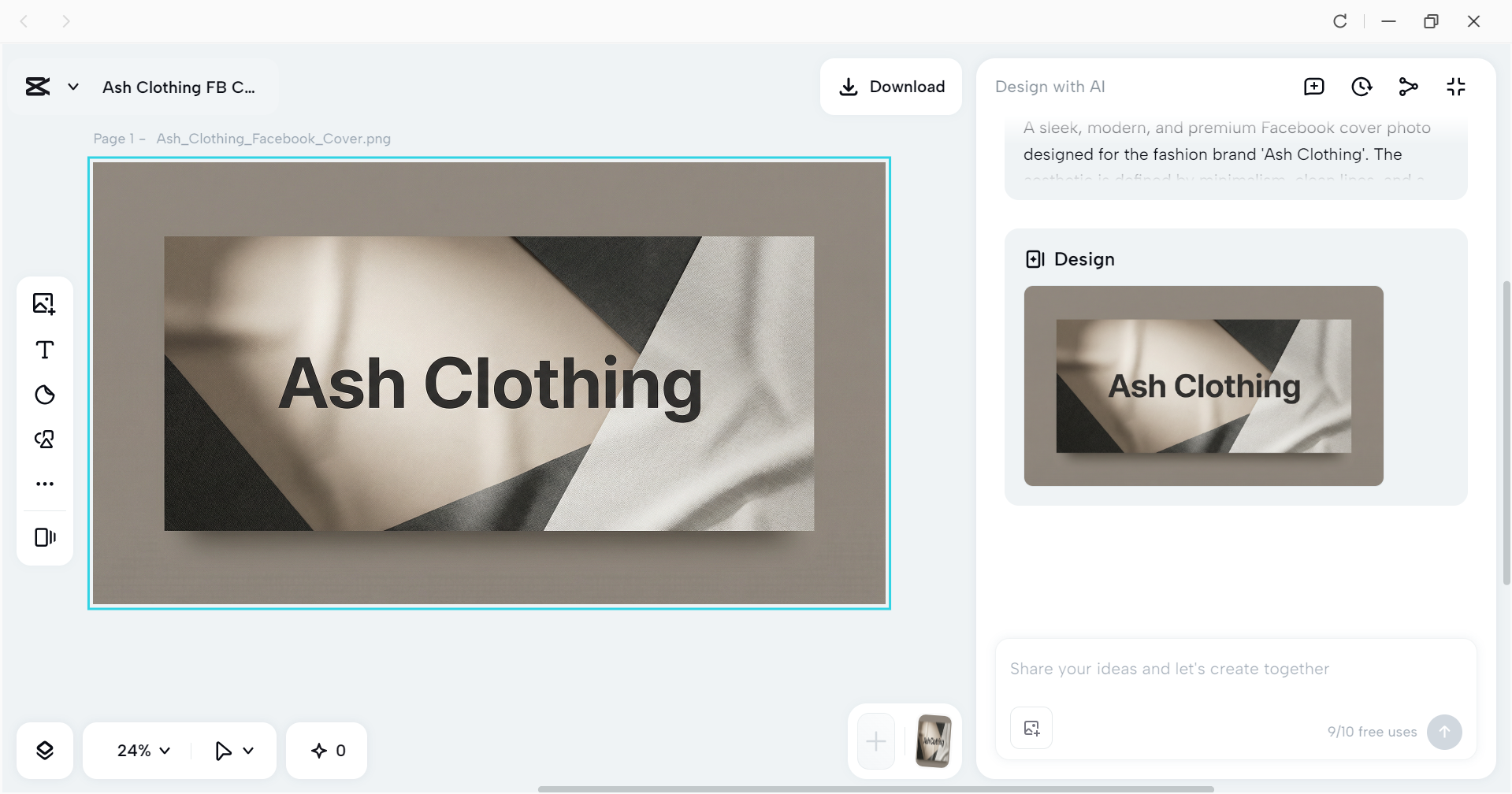 Giving a prompt to generate a Facebook cover photo in the CapCut desktop video editor