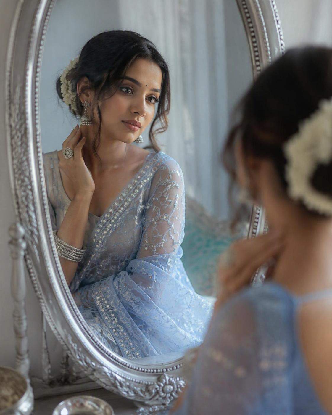 AI Pastello Blu Saree Specchio eroe visivo 2