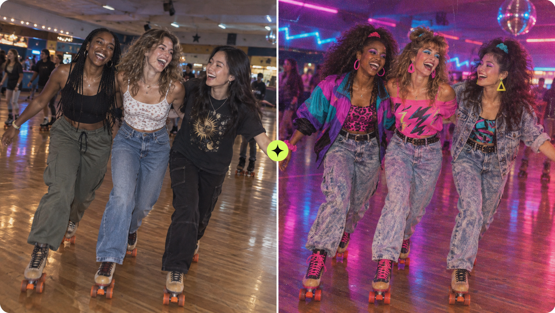 Three friends at a roller rink restyled with neon color and an 80s-inspired photo effect