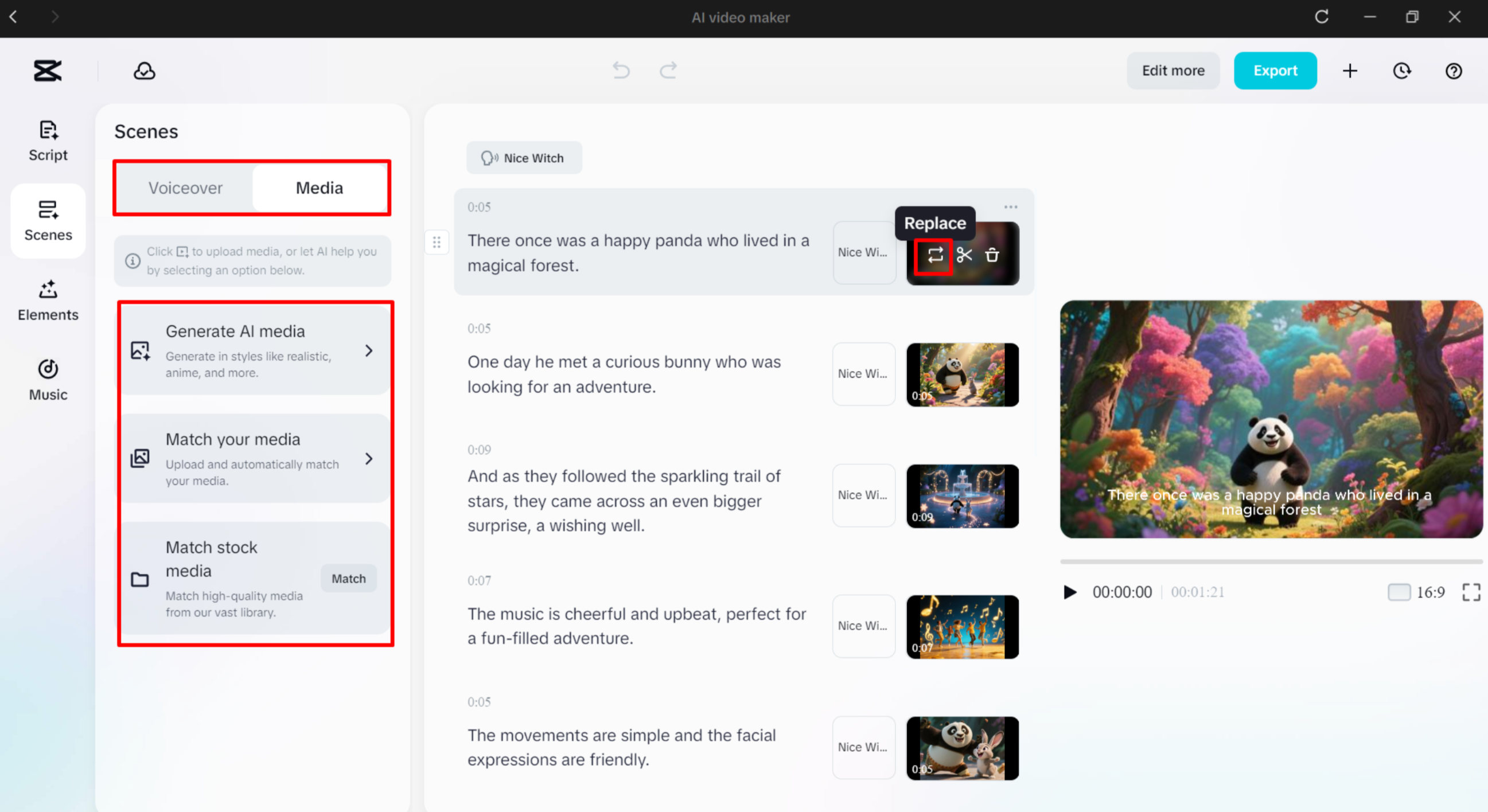Replacing the media in CapCut's AI video maker