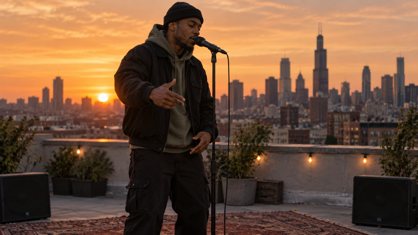 Rooftop Golden-Hour Verse example for on the radar ai video