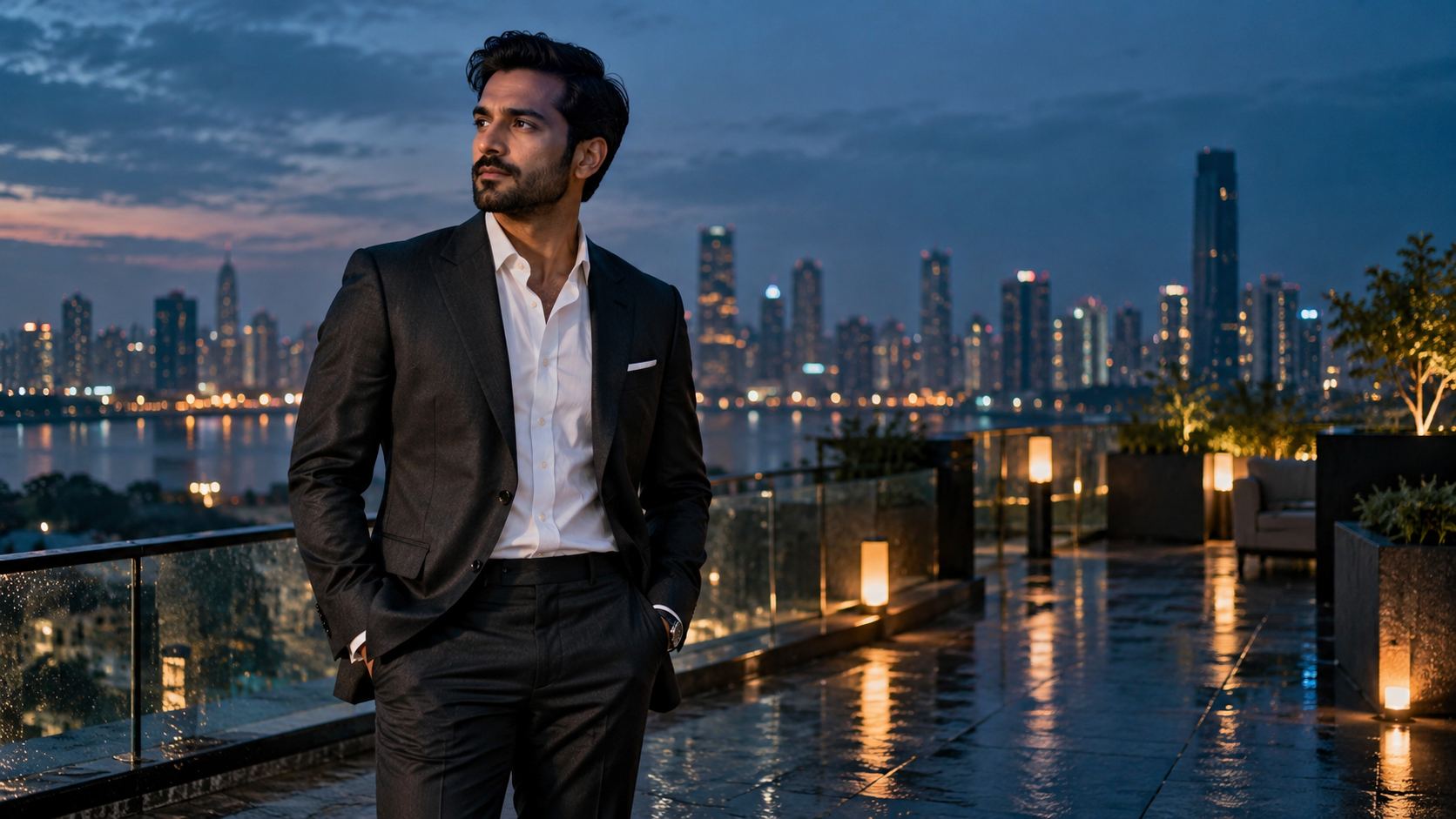 Roy Editz AI photo editing prompts: Blue-Hour Rooftop Suit