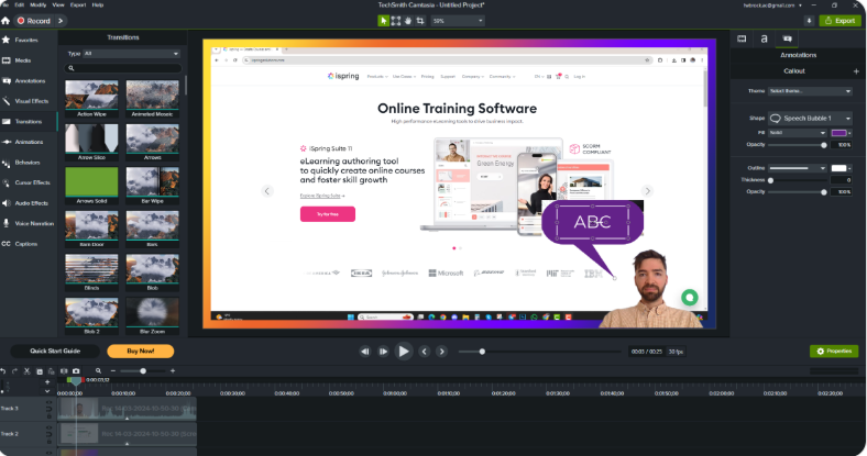 Interface of Camtasia - another free video recording software