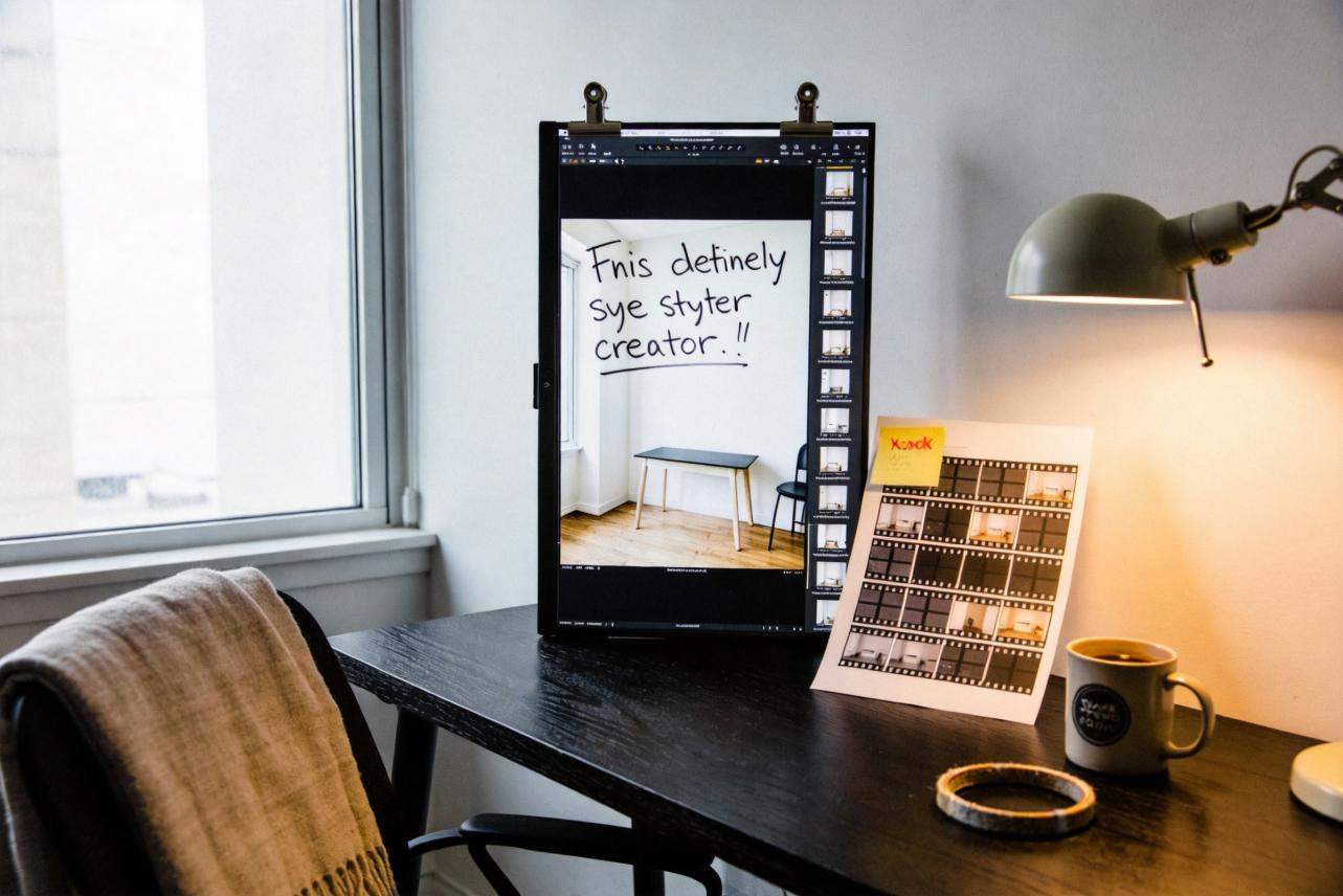 Desk with monitor showing handwritten text, film contact sheet, lamp, and coffee mug