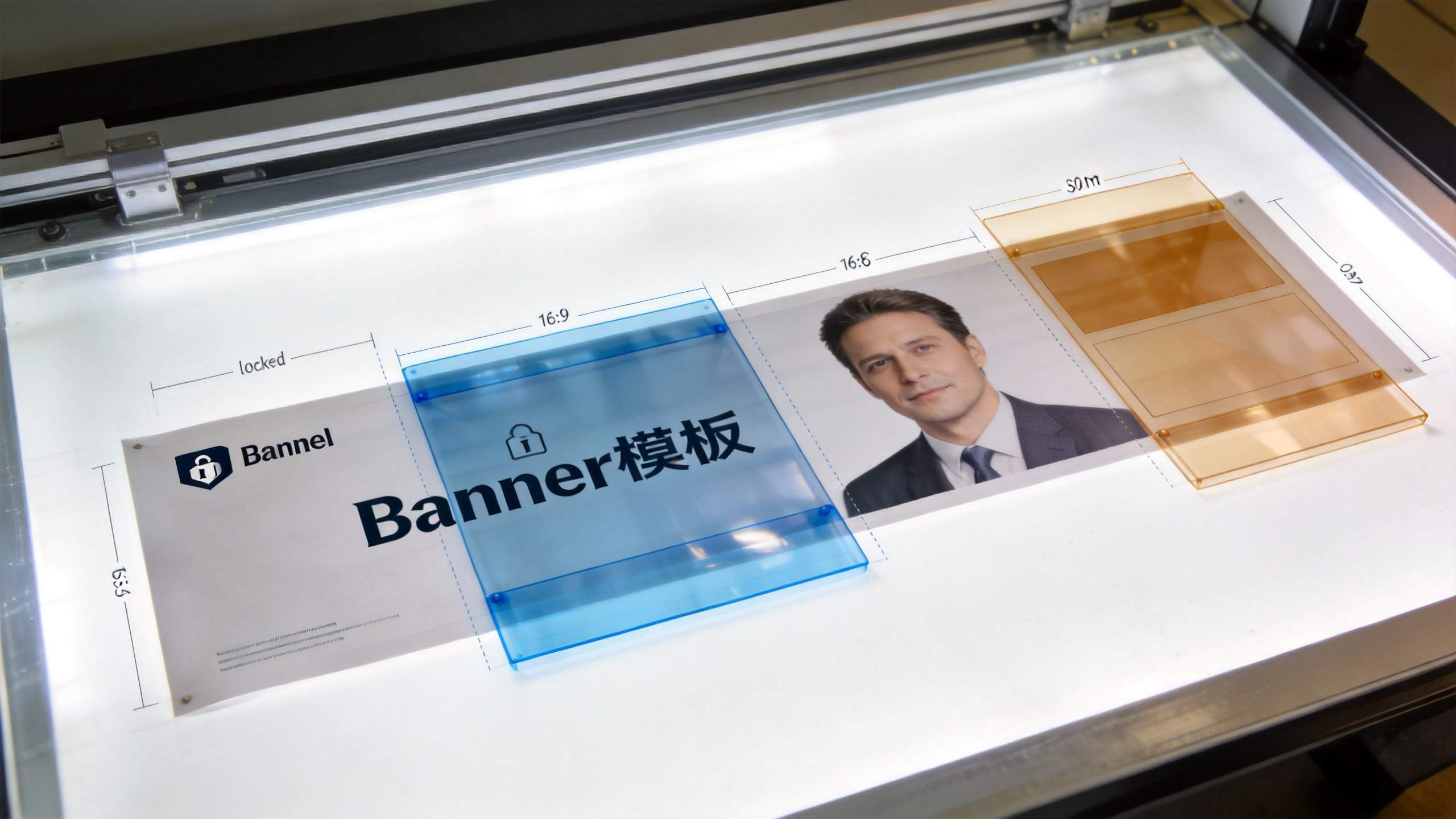 Banner template layouts on a lightbox with dimension guides and colored overlays