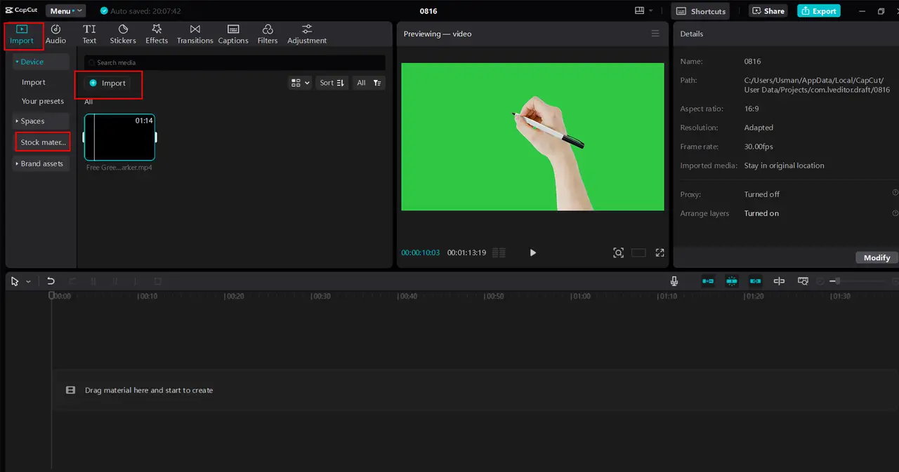 Importieren eines Videos oder Auswählen einer Vorlage in den CapCut Desktop-Video-Editor