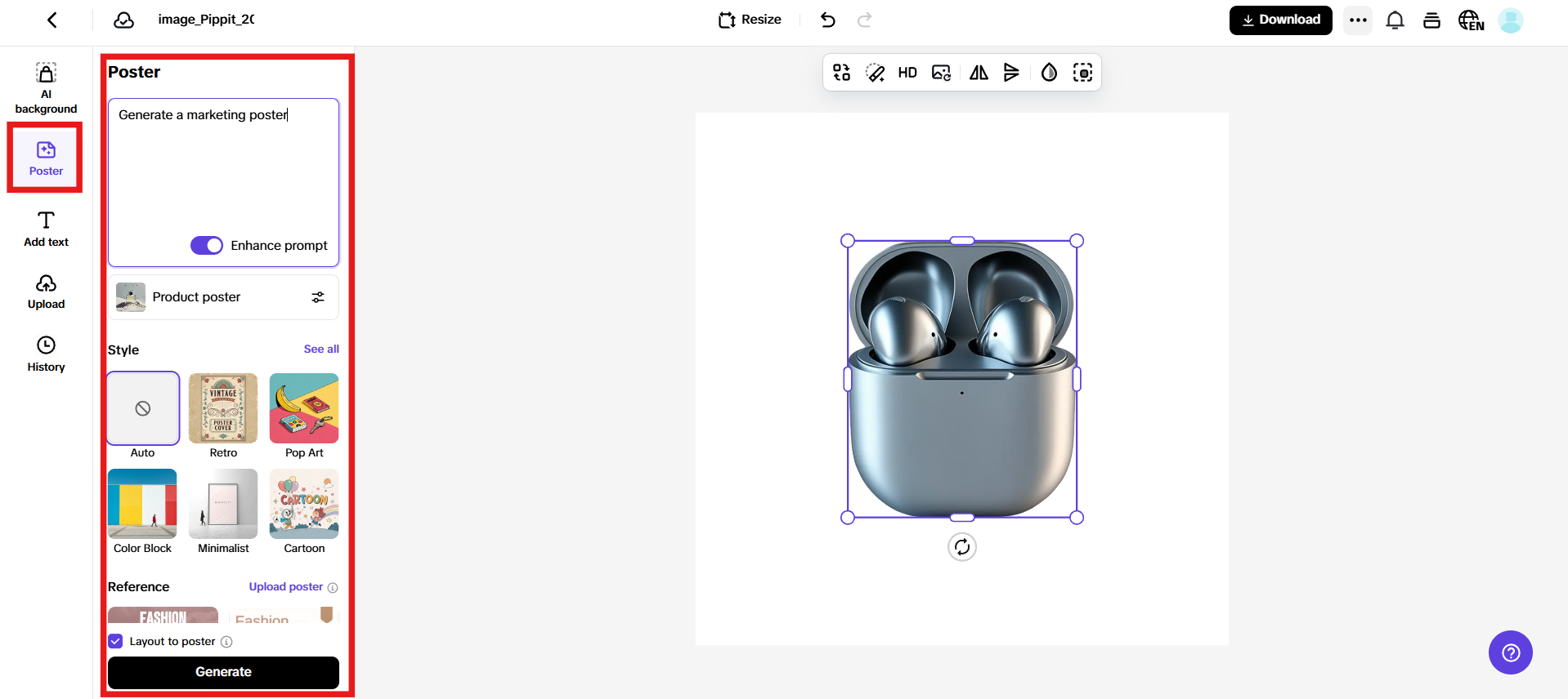 Enter prompt and turn layout to poster