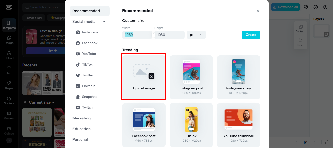Uploading an image to CapCut Web