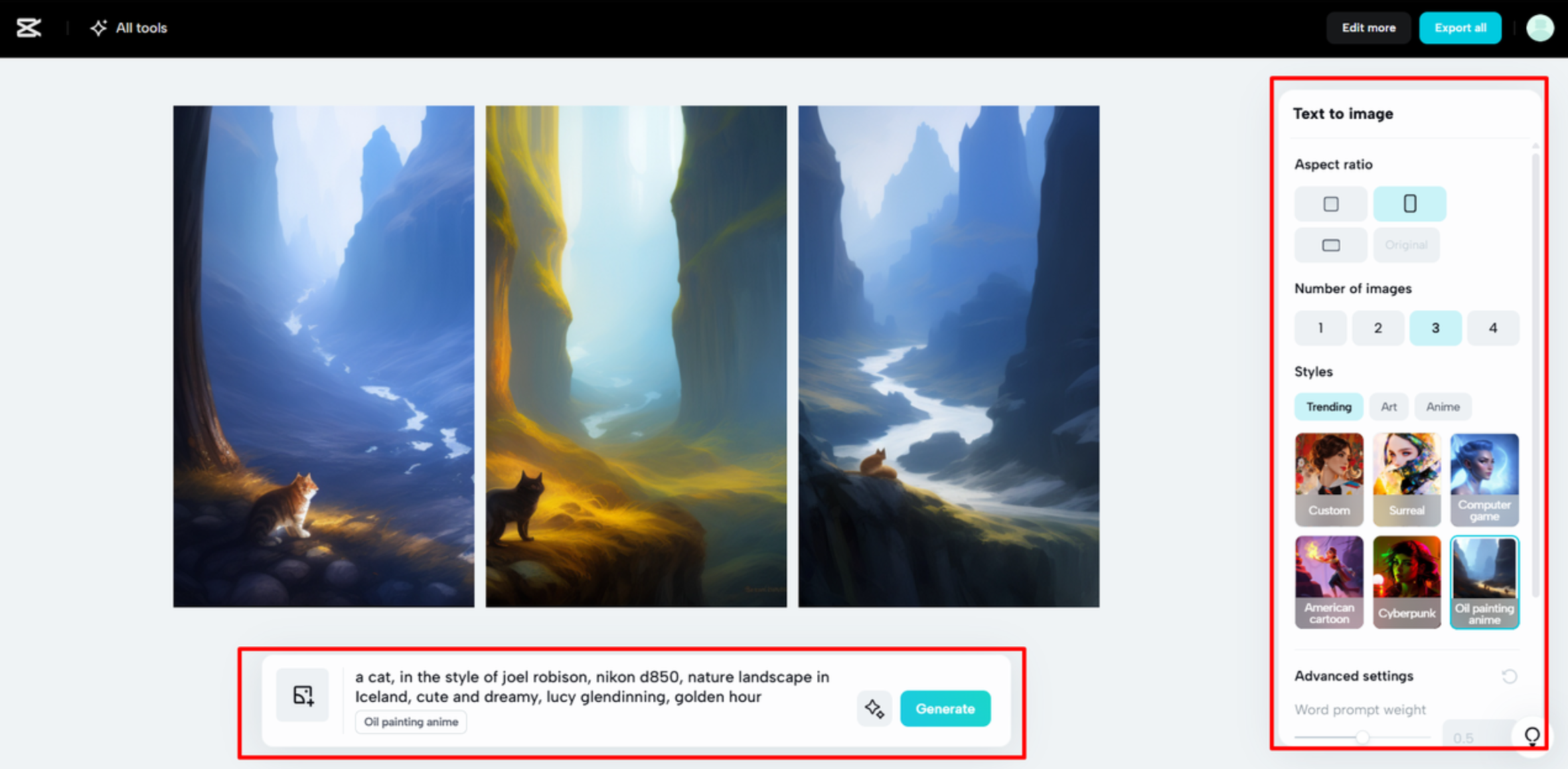 Generating an image with AI in the CapCut Web