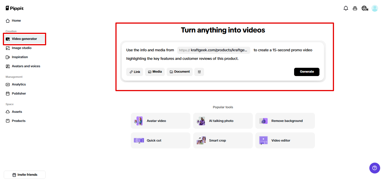Pippit video generation interface