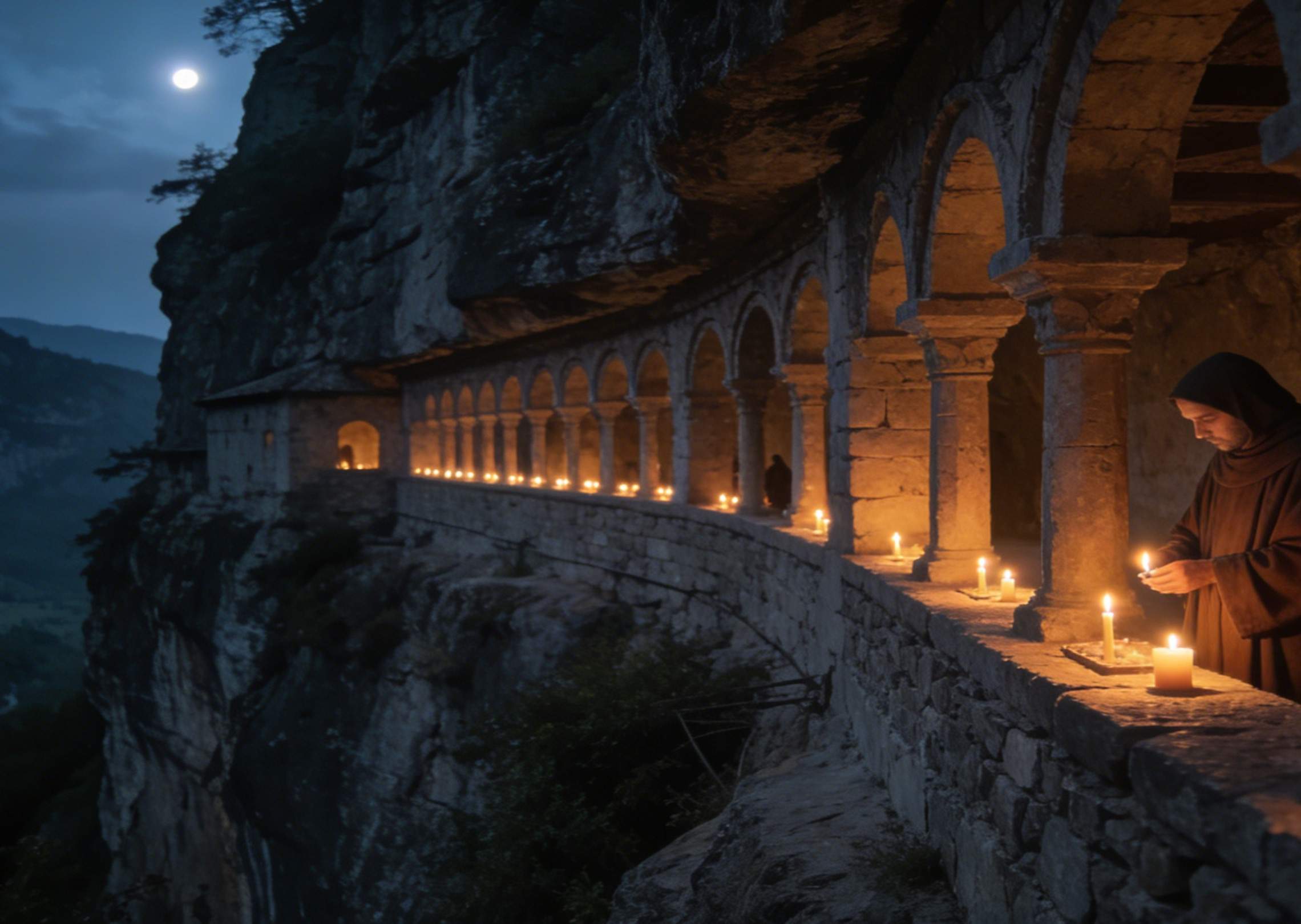Cliffside monastery on a quiet clear night