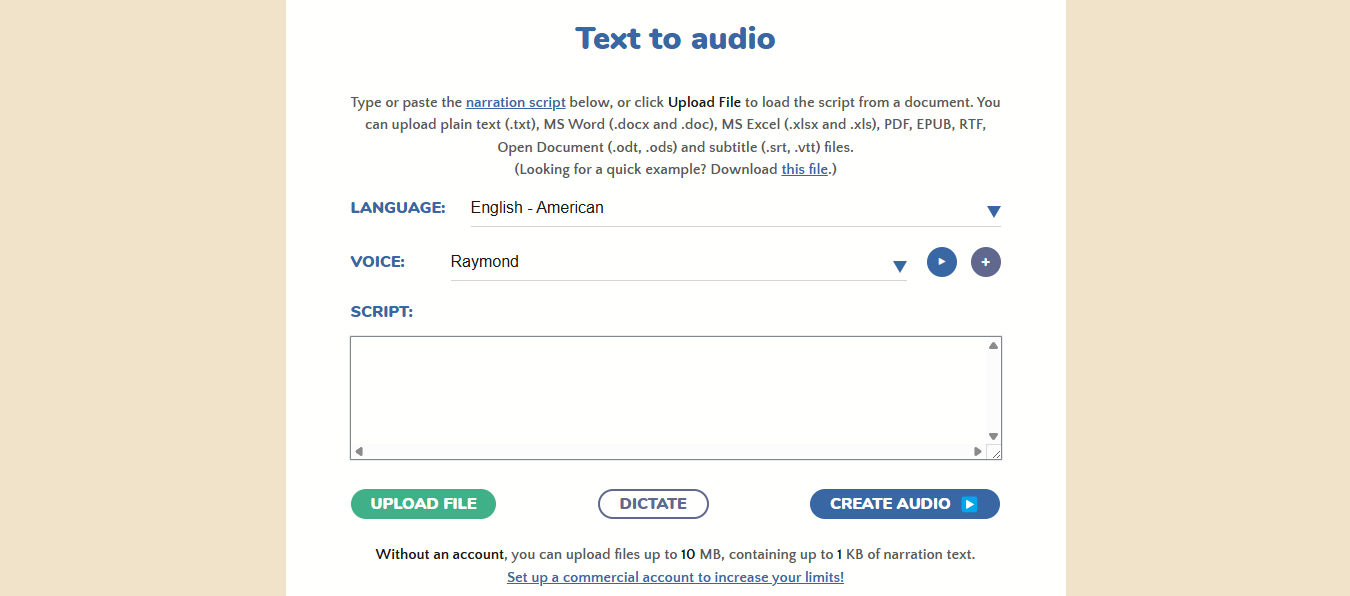 Narakeet sad voice generator interface