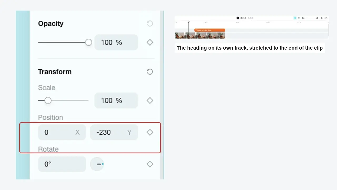 CapCut transform panel highlighting position values X 0 and Y -230