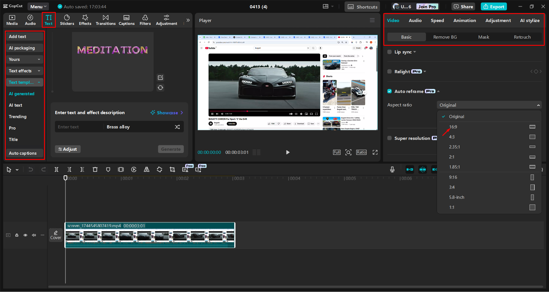 Képernyőfelvétel automatikus újrakeretezése és szerkesztése a CapCut asztali videószerkesztőjében