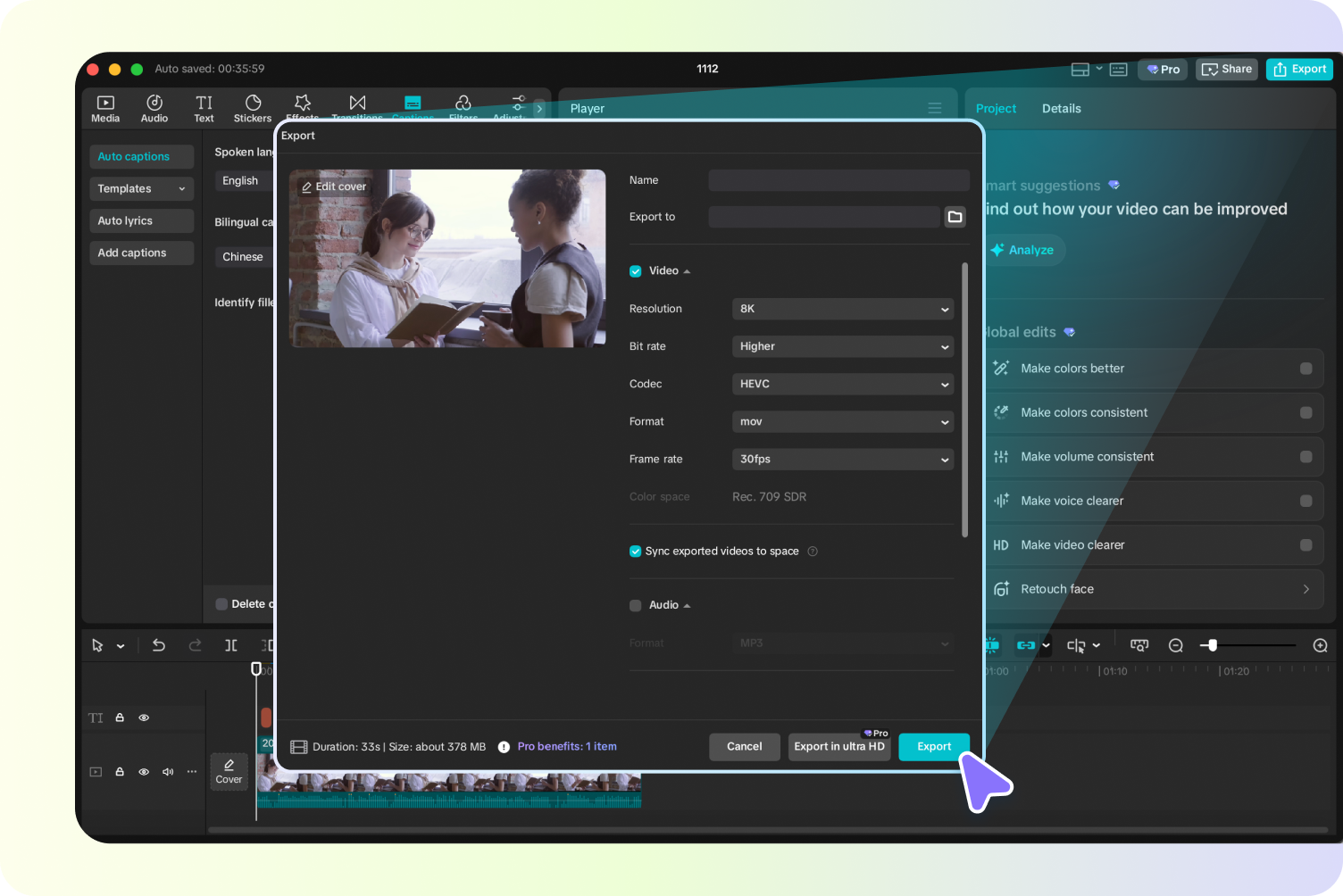 Export video after filler word removal