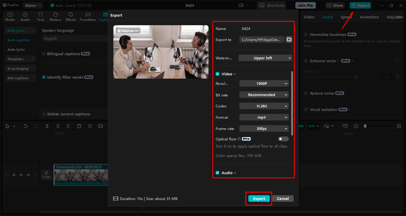 Eksport video dalam editor video desktop CapCut