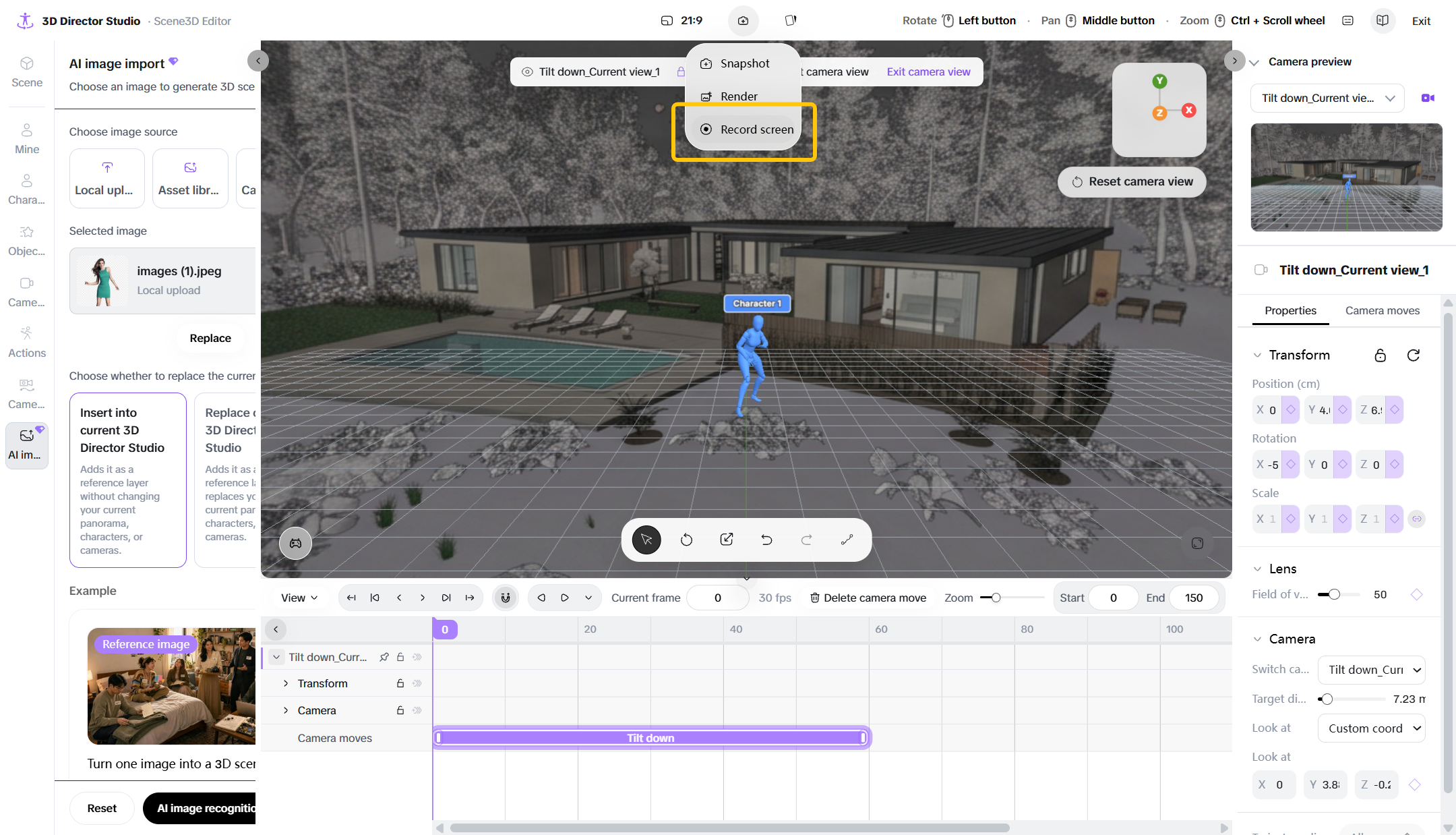 Alt: Recording camera movement from a scene in Pippit 3D Director Studio