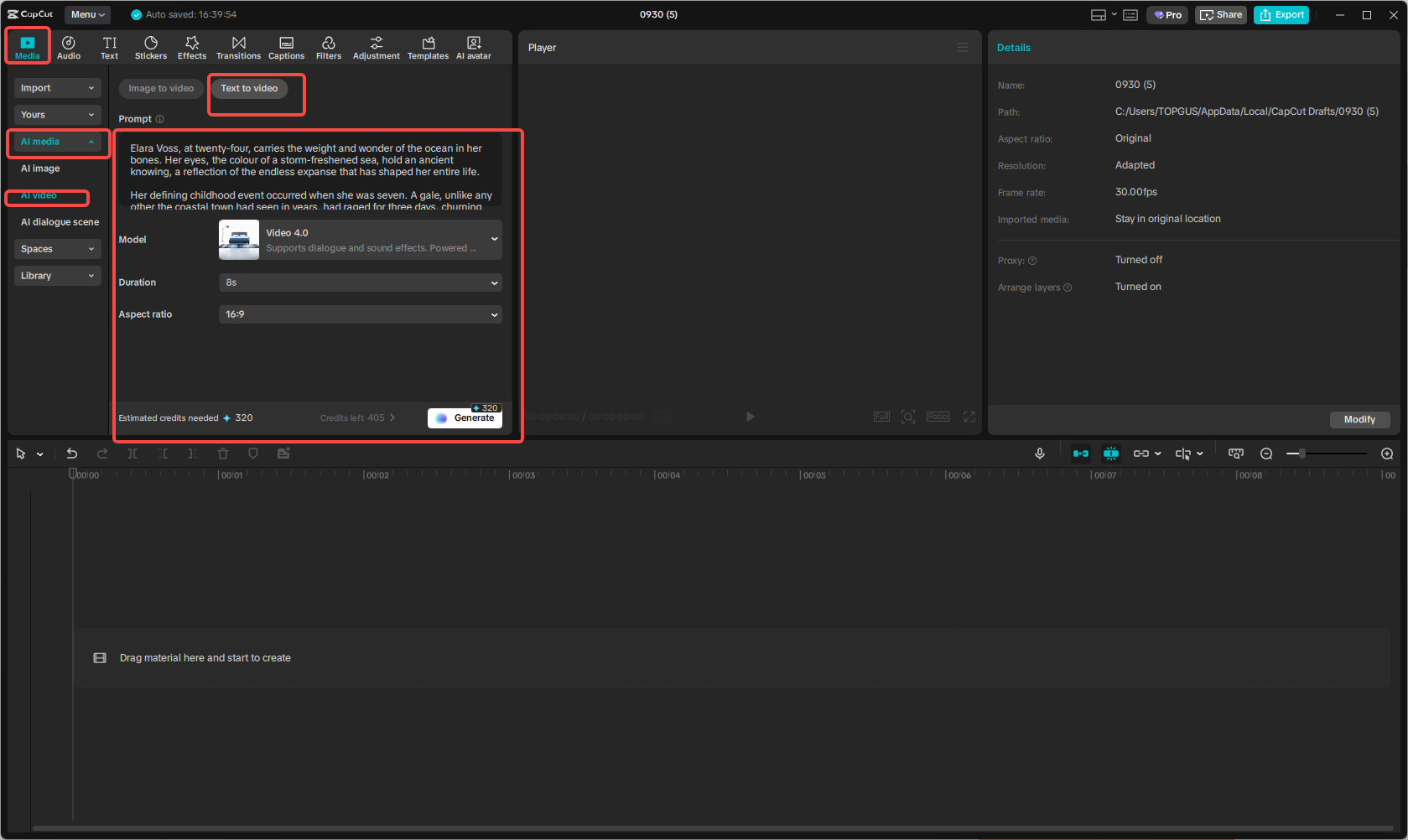 Select the text to video