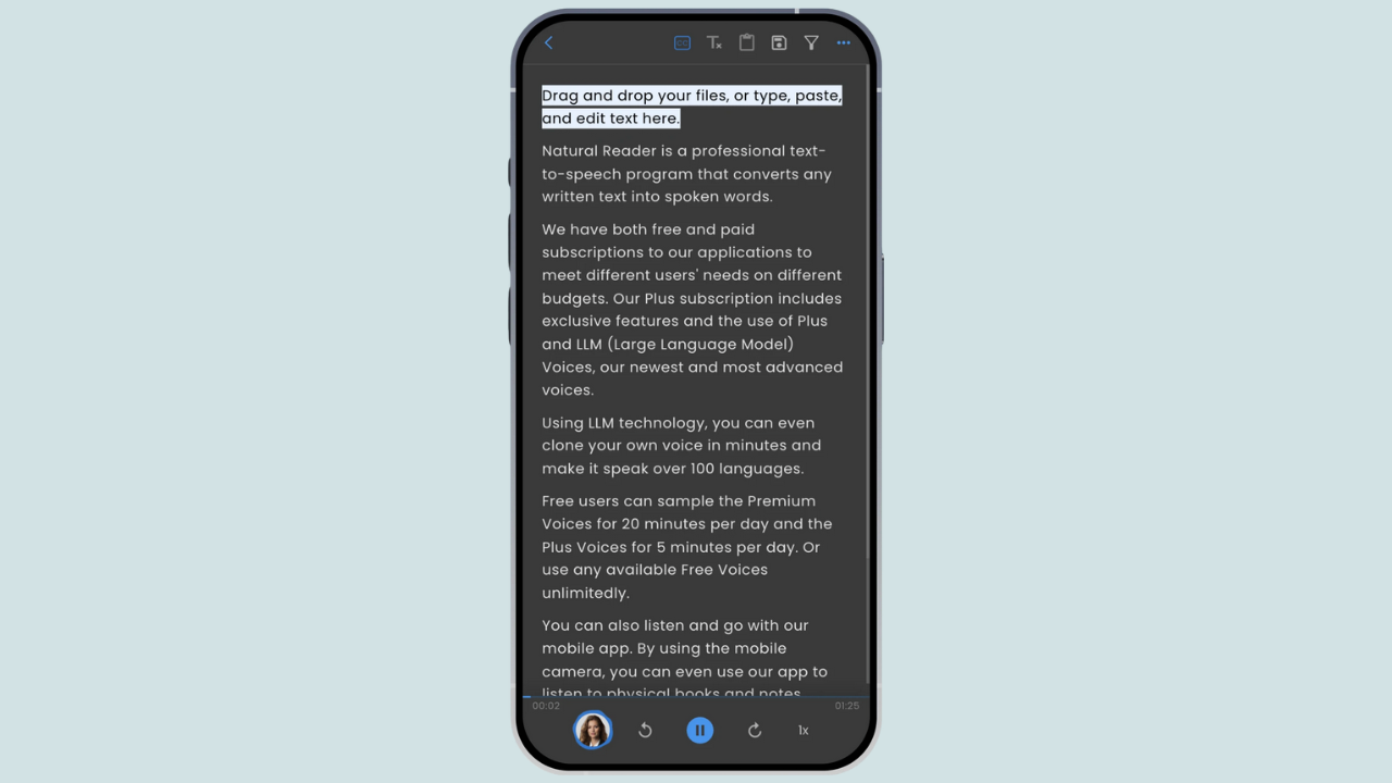 Natural Reader interface