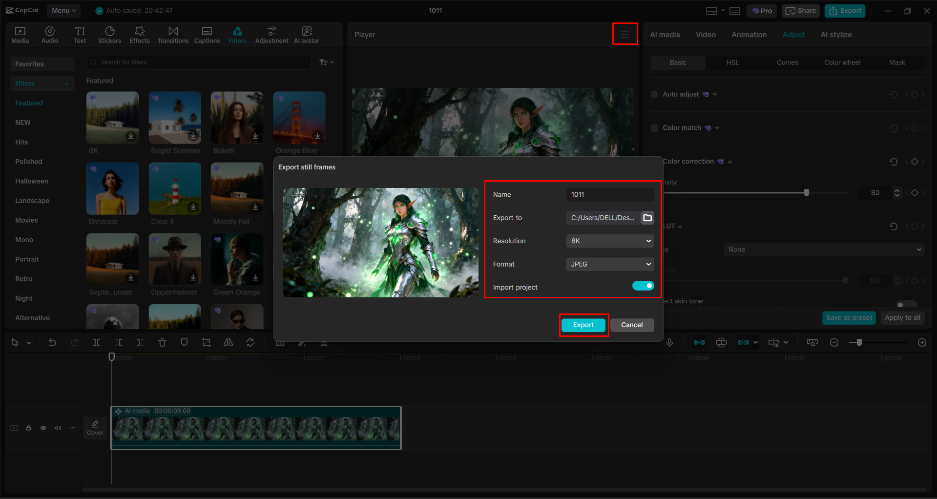 Downloading the image from the CapCut desktop video editor