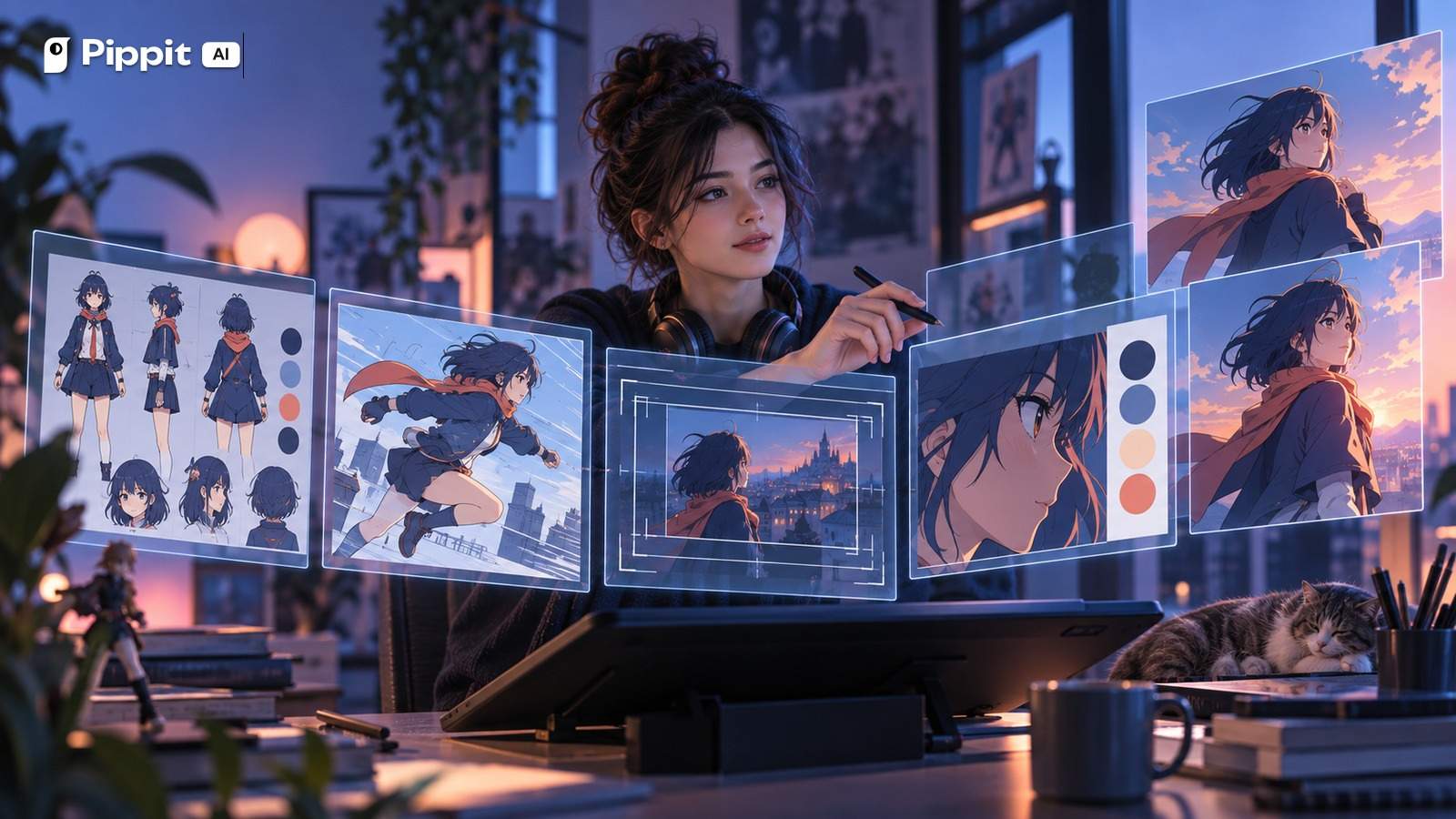 A creator directs a sequence of original anime character, action, camera, and color frames.