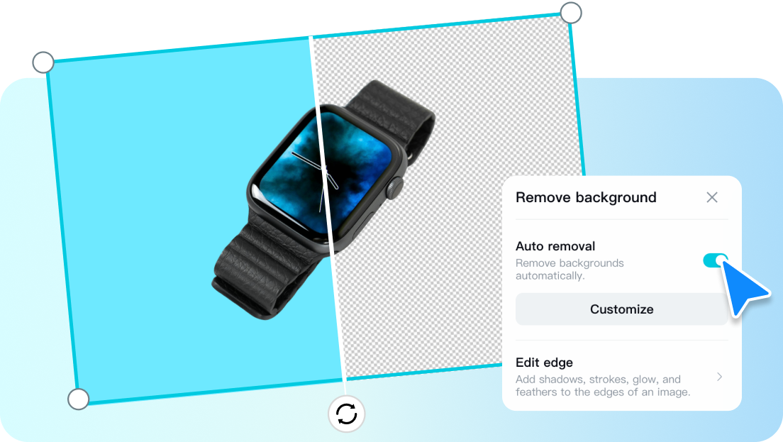 description=A product image in the Pippit editor. The left panel shows the 'AI Background' tool active, with various template backgrounds being applied to the image.