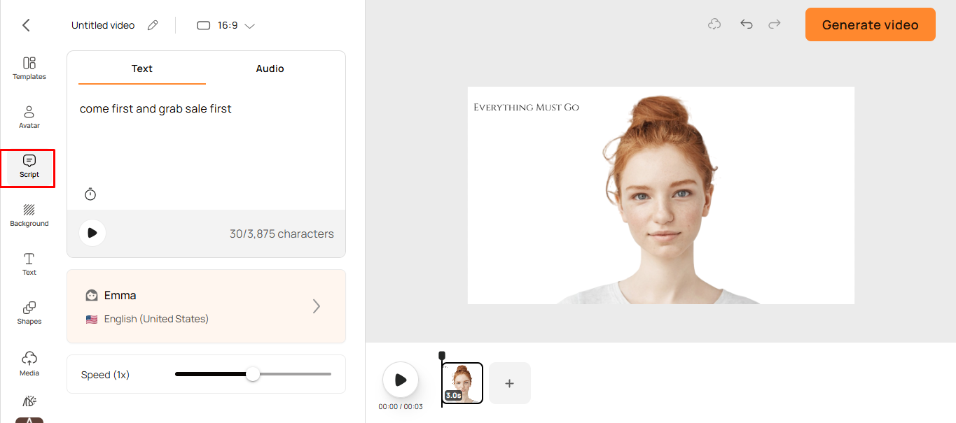 Adding a script to let the presenter speak in the D-ID AI video generator