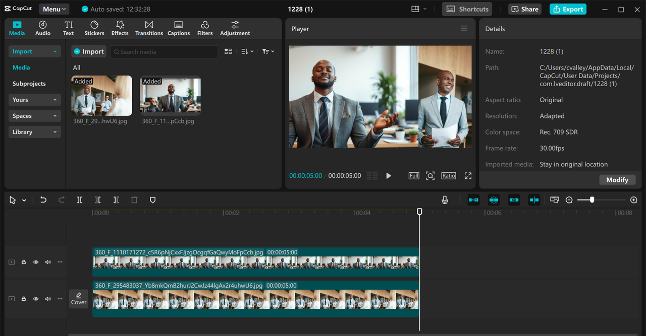 Interfaccia dell' CapCut editor video desktop - un modo rapido per unire filmati su un PC