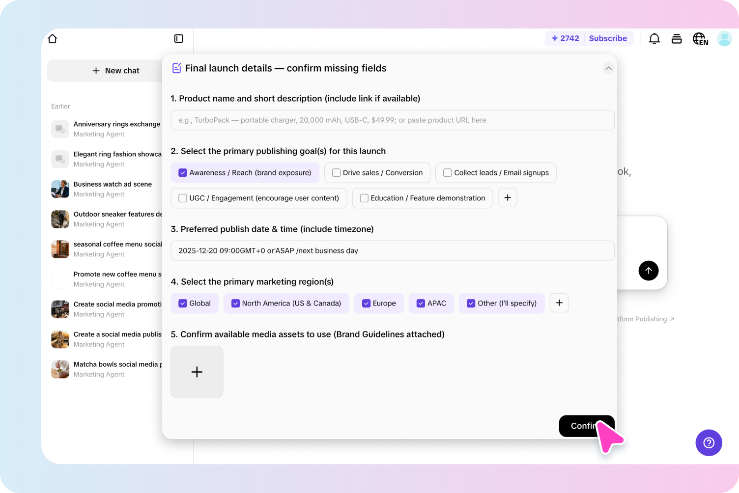 Creating content in vibe marketing agent